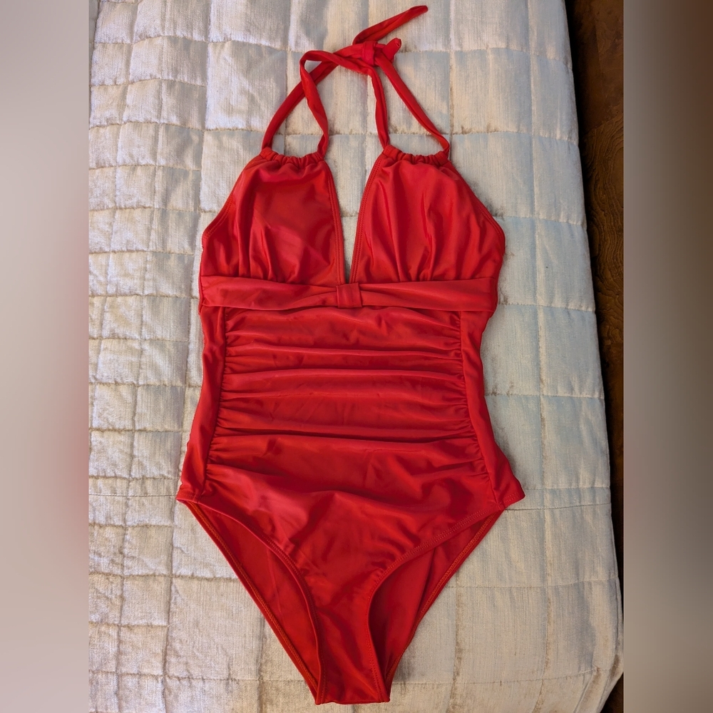 Source Unknown Red One-Piece Halter Swimsuit